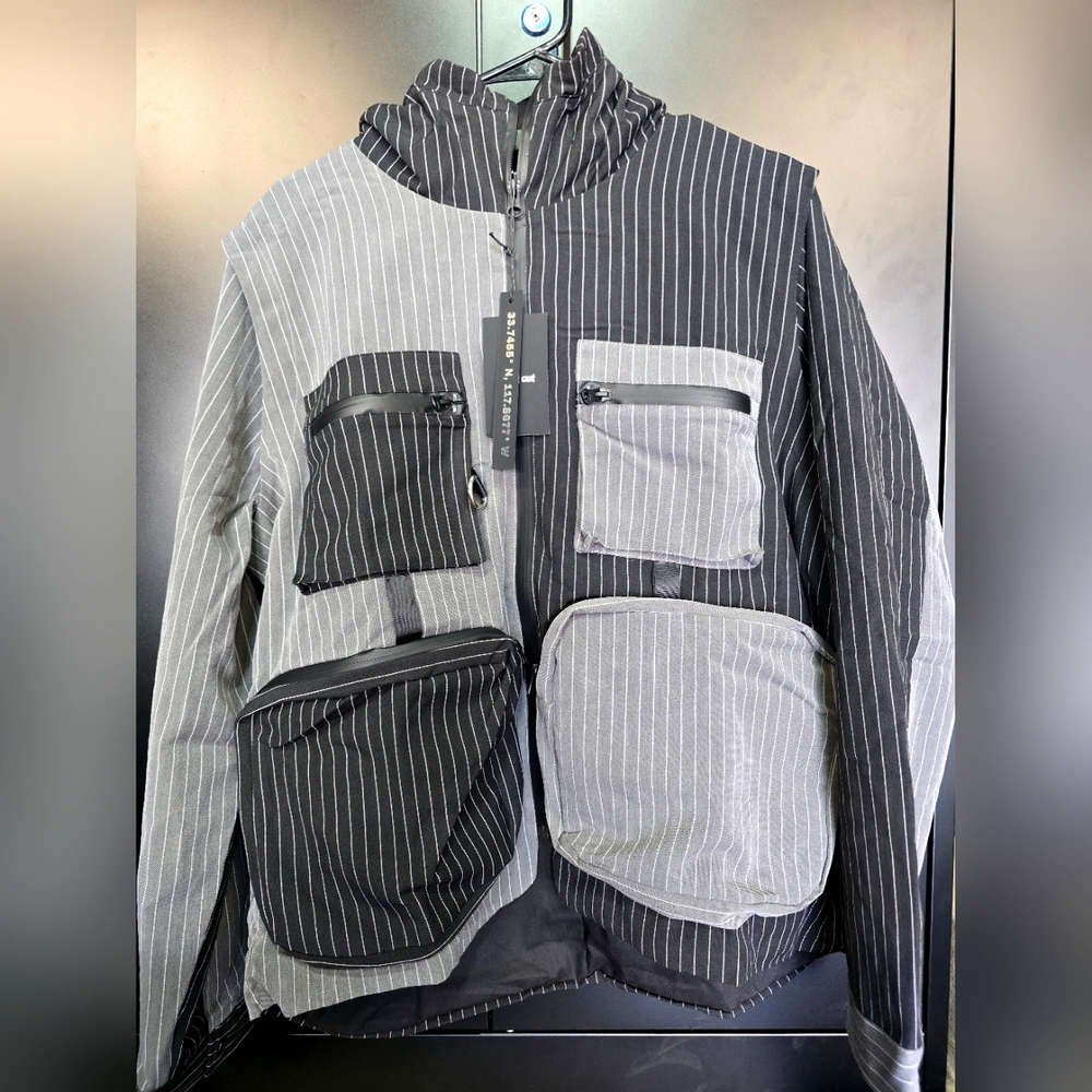Afield Out Utility Jacket Striped Black and Gray Men's Jacket Size MEDIUM NWT